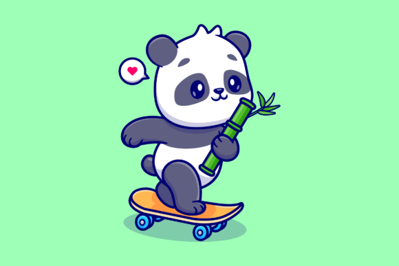 Download Cute Panda Holding Bamboo on Skateboard - Skateboard Collection