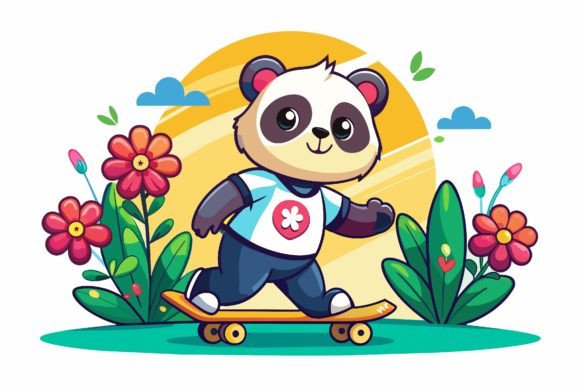 Download Skateboard Panda Road Cartoon with Flowe - Skateboard Collection