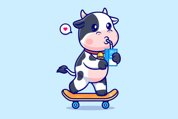 Download Cute Cow Drinking Milk on Skateboard - Skateboard Collection