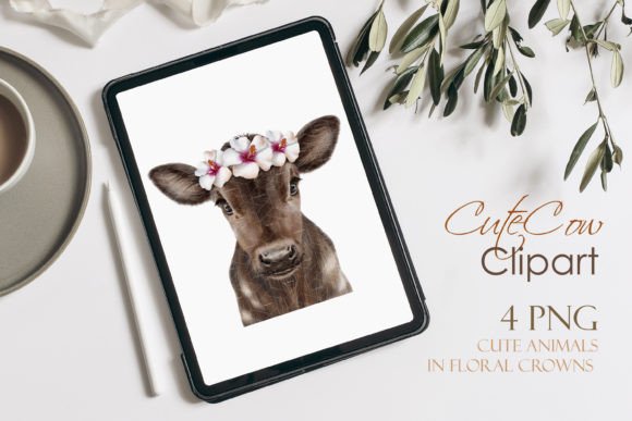 Download Watercolor Calf. Cow in Floral Wreath - Premium Bundle